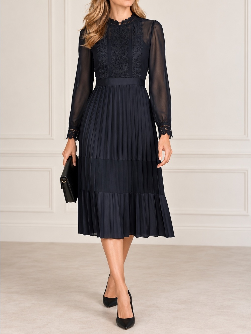 Ted Baker Looez Lace Trim Pleated Midi Dress in Navy Blue | Ted Size 1 (US 4)